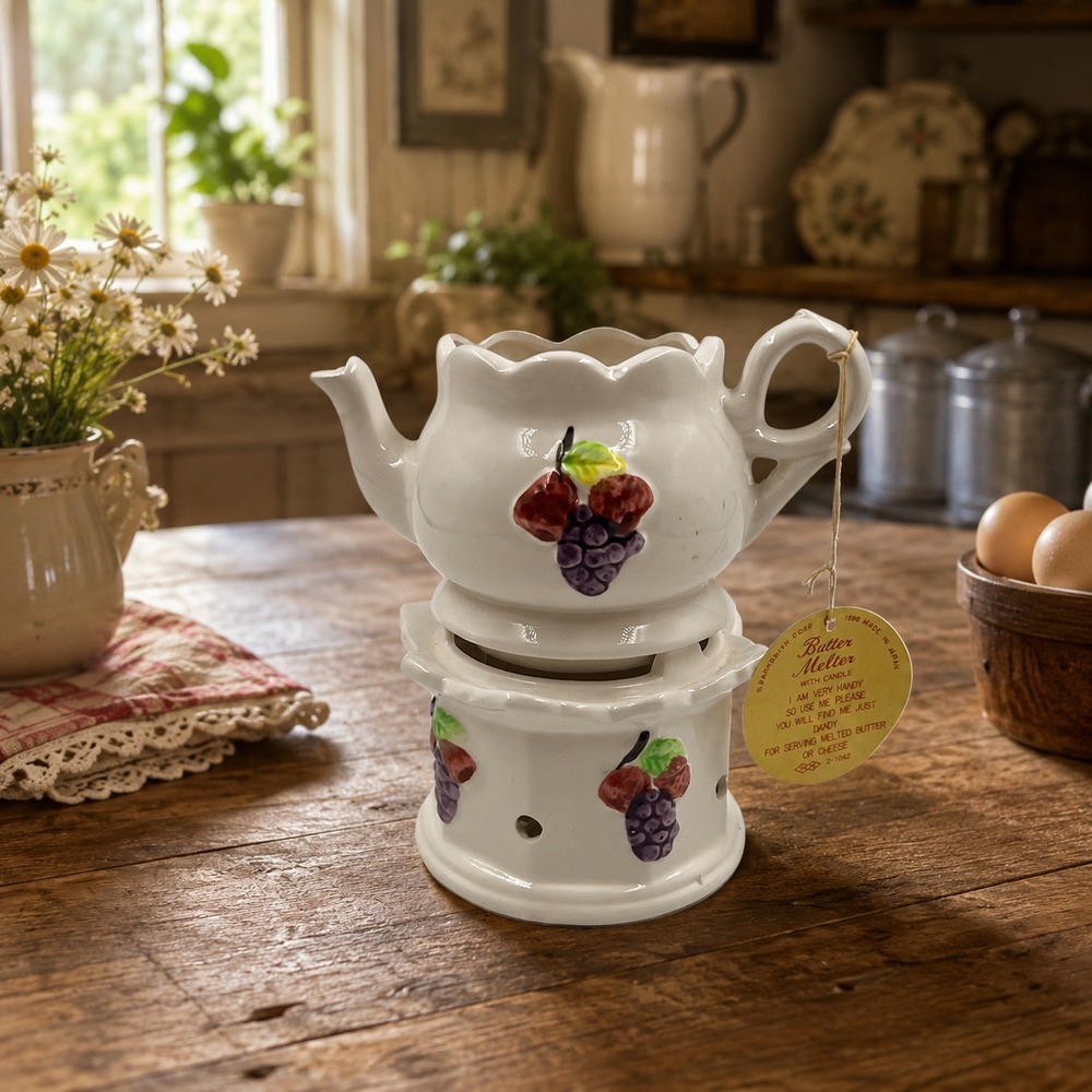 Vintage 1988 Parksmith Ceramic Butter Melter Candle Warmer Grapes Japan 2-1042